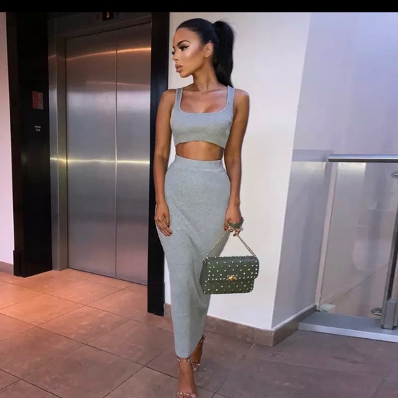 Gray ribbed knitted women two piece matching set crop top midi skirt size Large - Picture 1 of 2